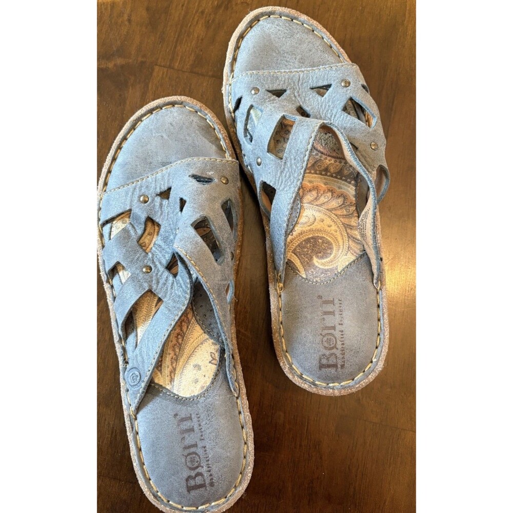 Born Sandals Peace Huckleberry Blue Leather Slides Cut Out Size 9